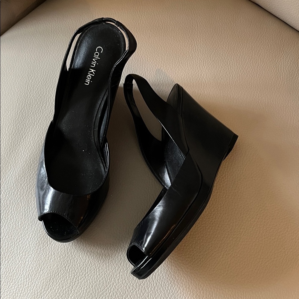 Calvin Klein Black Peep-Toe Wedges